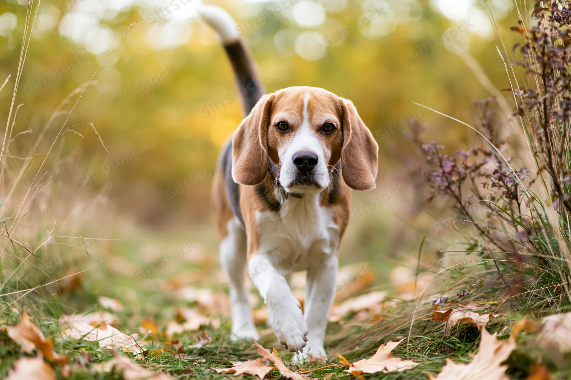 Beagle walking toward camera on autumn path with raised tail