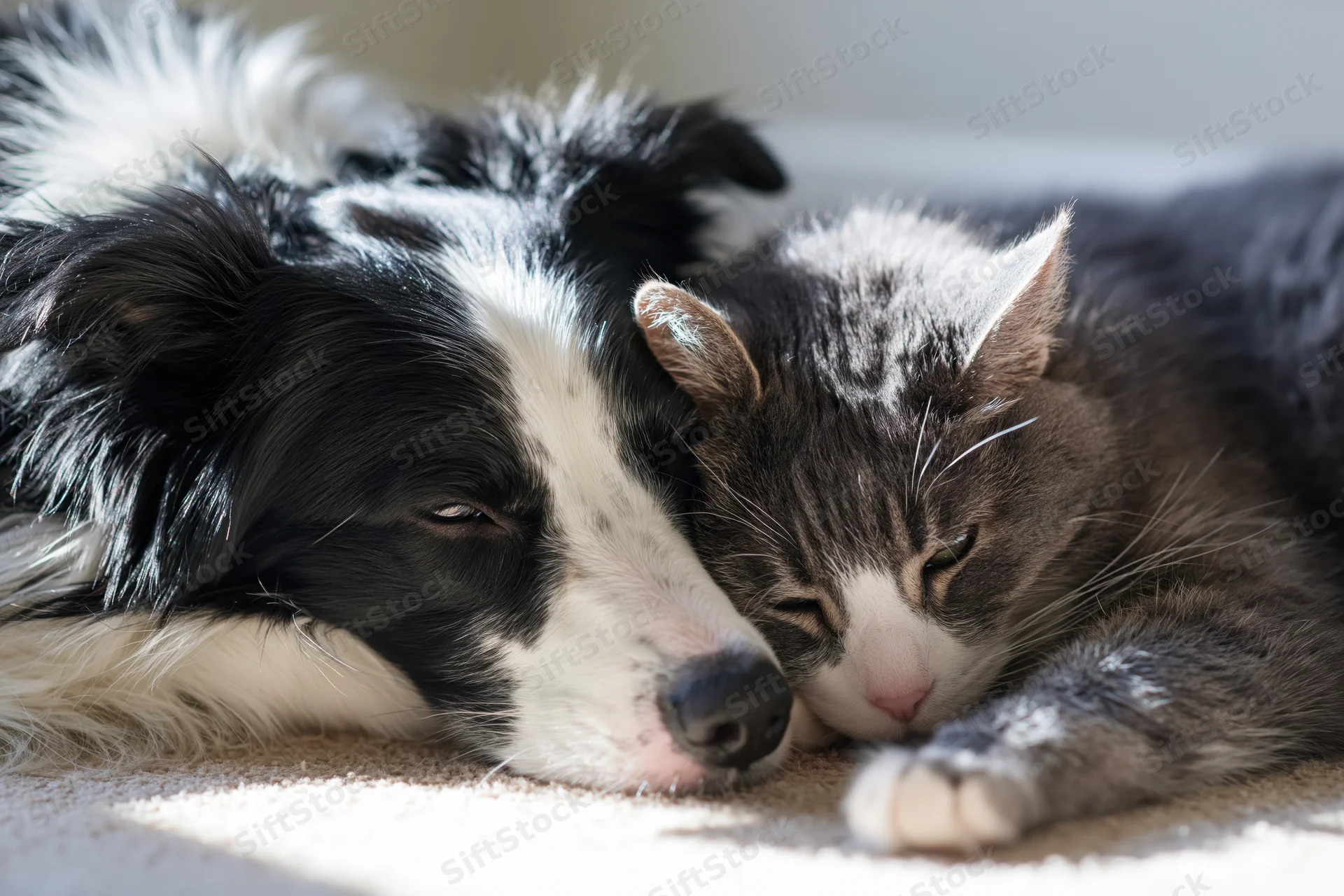 Border collie and tabby cat resting together on carpet indoors