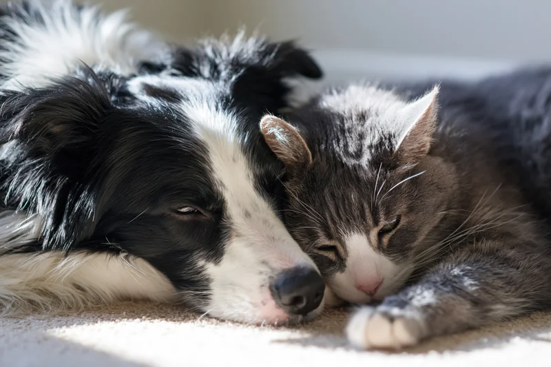 Border collie and tabby cat resting together on carpet indoors