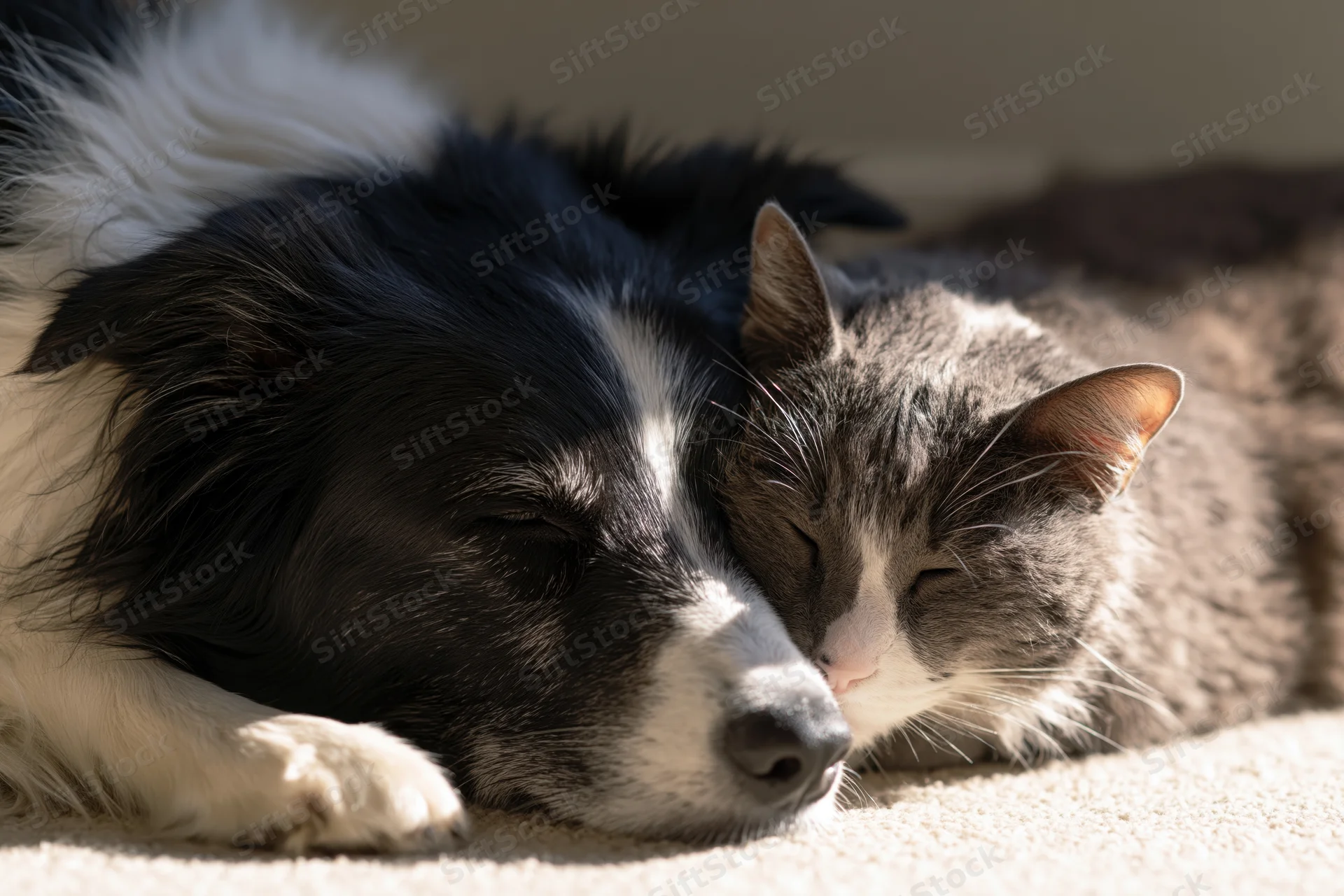 Black and white border collie resting head beside gray tabby cat on carpet indoors