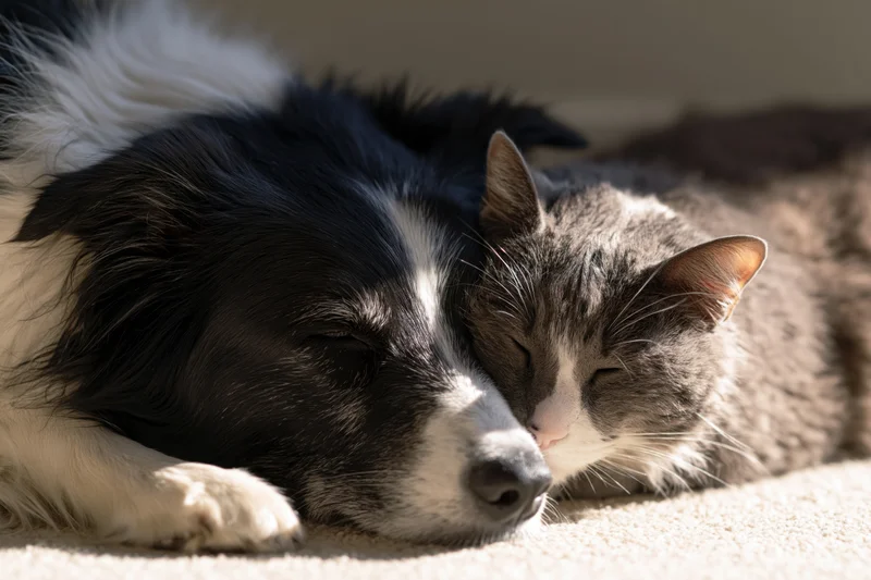 Black and white border collie resting head beside gray tabby cat on carpet indoors