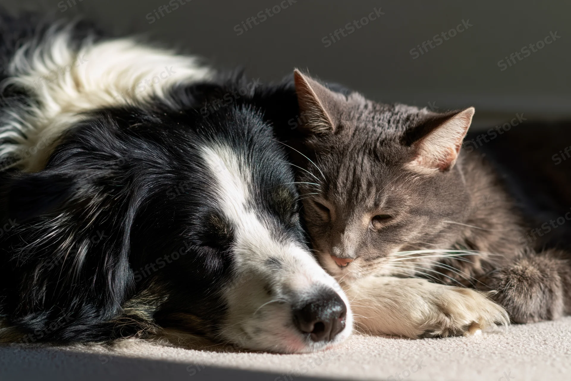 Black and white dog resting with gray cat on carpet indoors