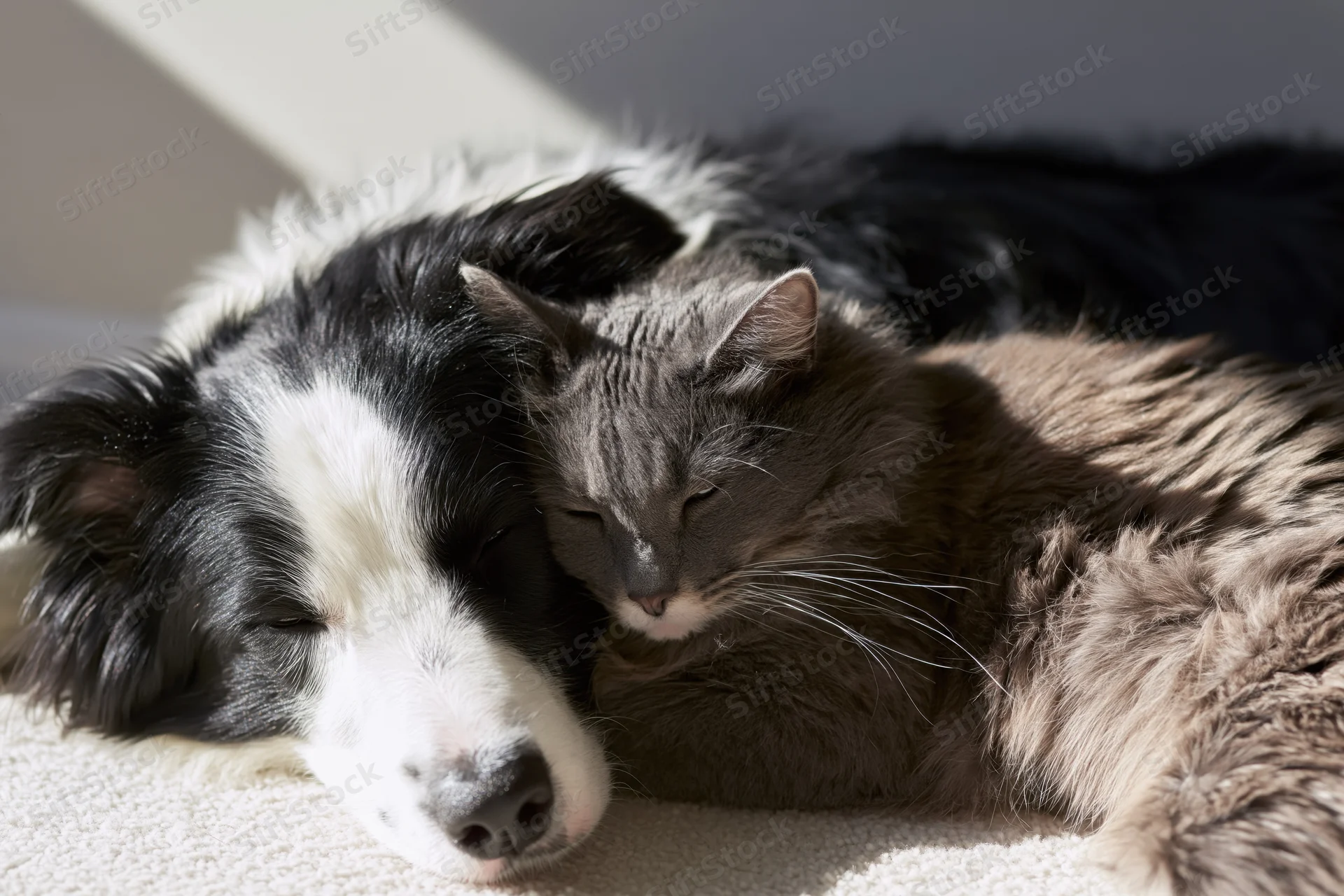 Border collie and gray cat sleeping together on carpet indoors