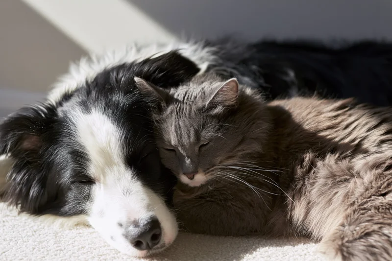 Border collie and gray cat sleeping together on carpet indoors