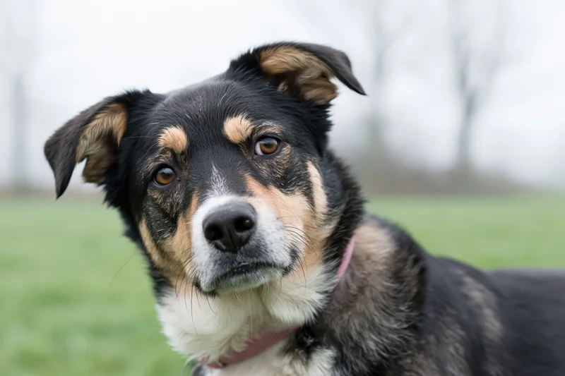 Mixed-breed dog tilting head while looking at camera in a grassy field