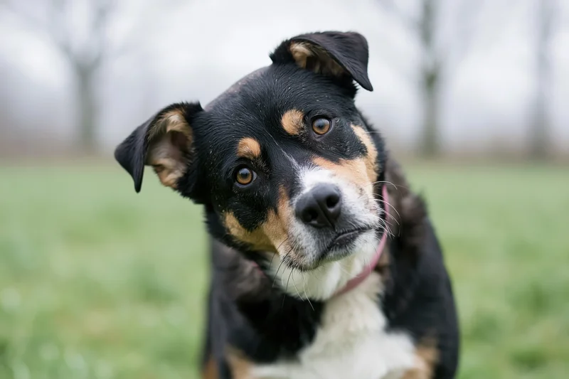 Mixed-breed dog tilting head while looking at camera in grassy field