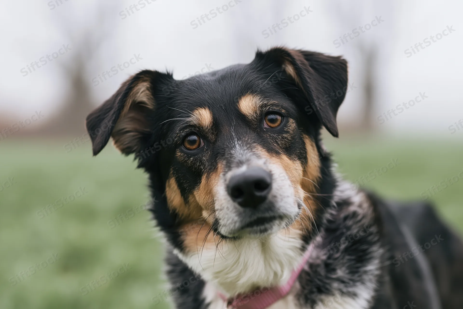 Mixed-breed dog tilting head while looking at camera in a grassy field