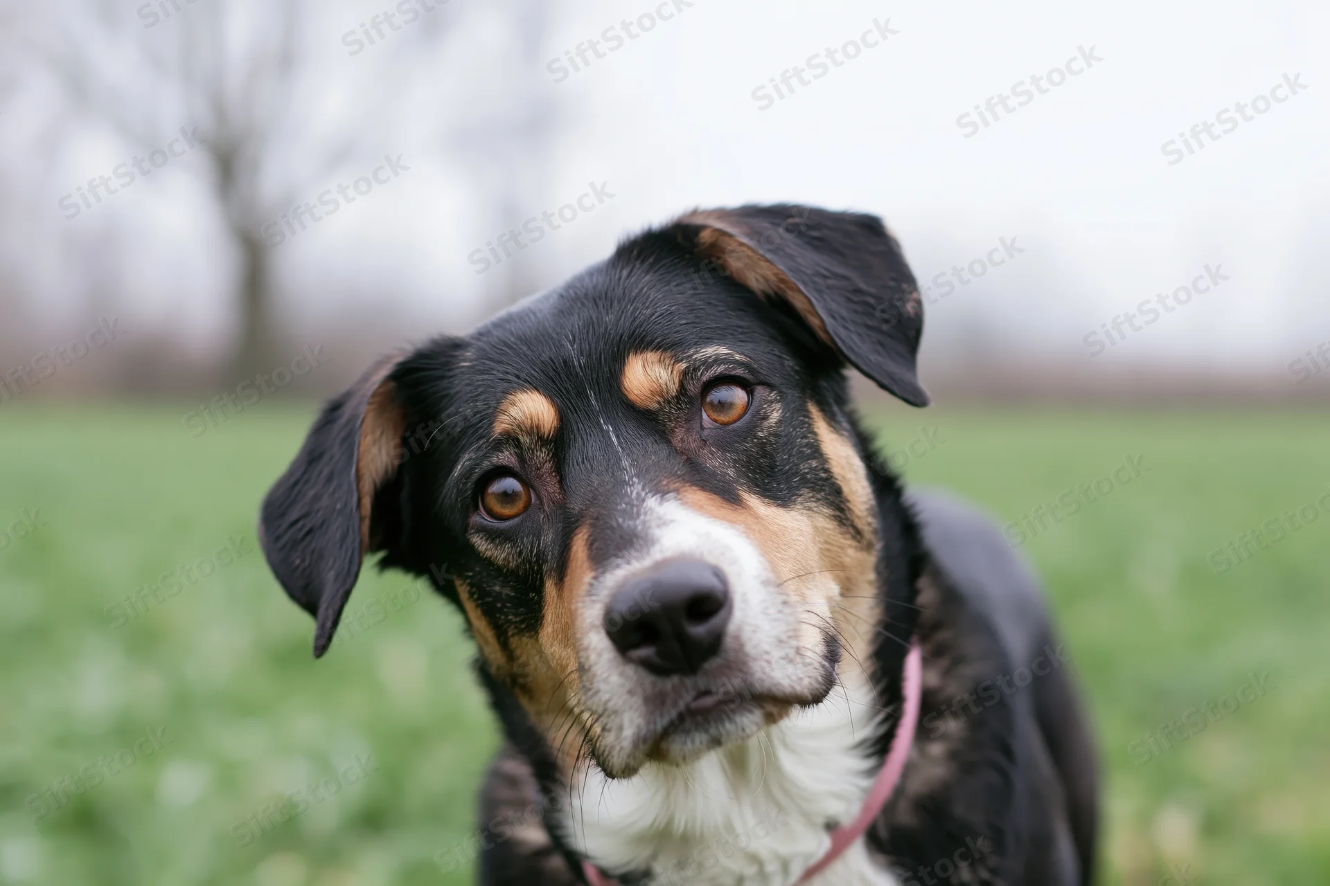 Mixed-breed dog tilting head while looking at camera in grassy field