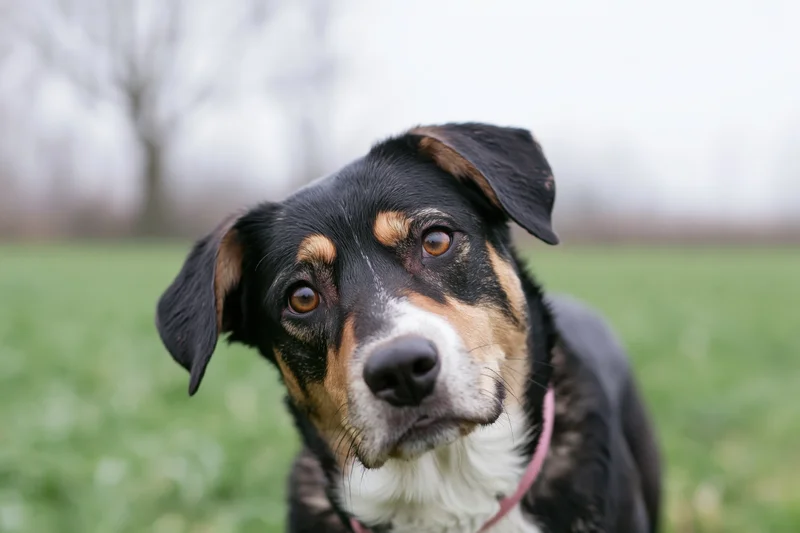 Mixed-breed dog tilting head while looking at camera in grassy field