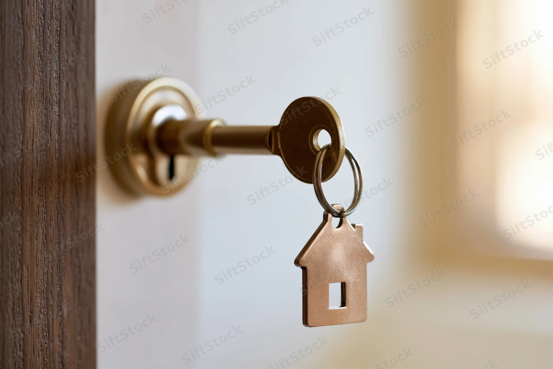 Brass house key in door lock with house-shaped keychain hanging, interior view