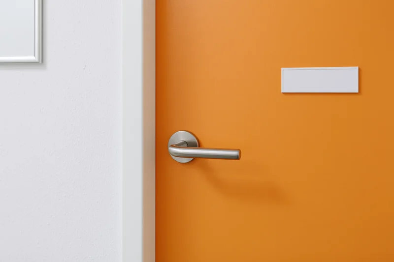 Bright orange interior door with brushed silver lever handle and blank white label plate, adjacent to white wall
