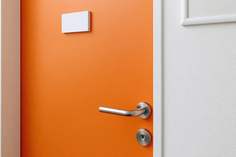 Bright orange interior door with brushed silver lever handle and blank white sign plate mounted above it next to a white wall