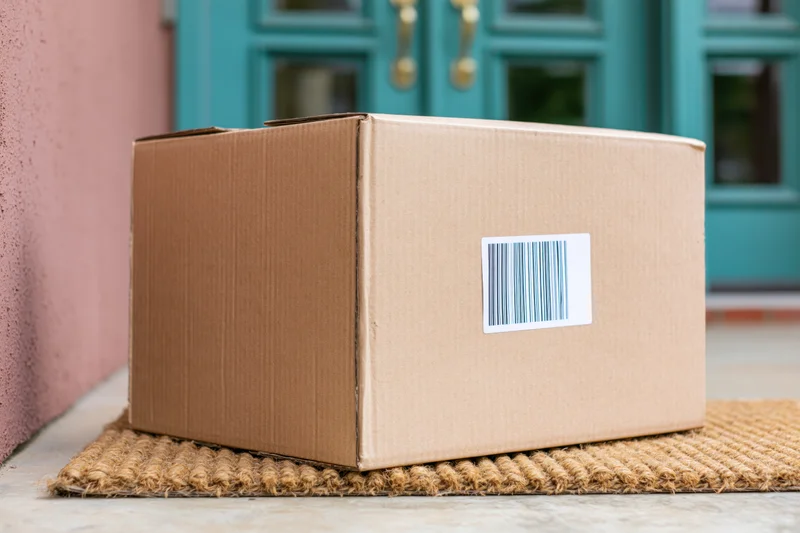 Cardboard delivery box on doormat in front of teal door