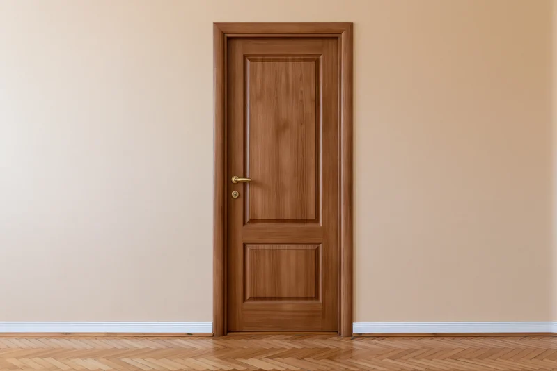 Wooden panel door with brass handle in a beige-walled room with parquet flooring