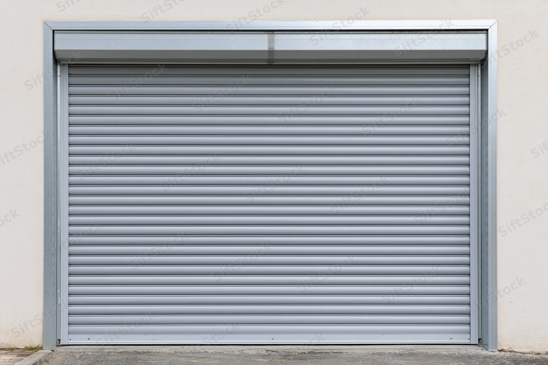 Closed gray metal roller shutter door on a plain building exterior