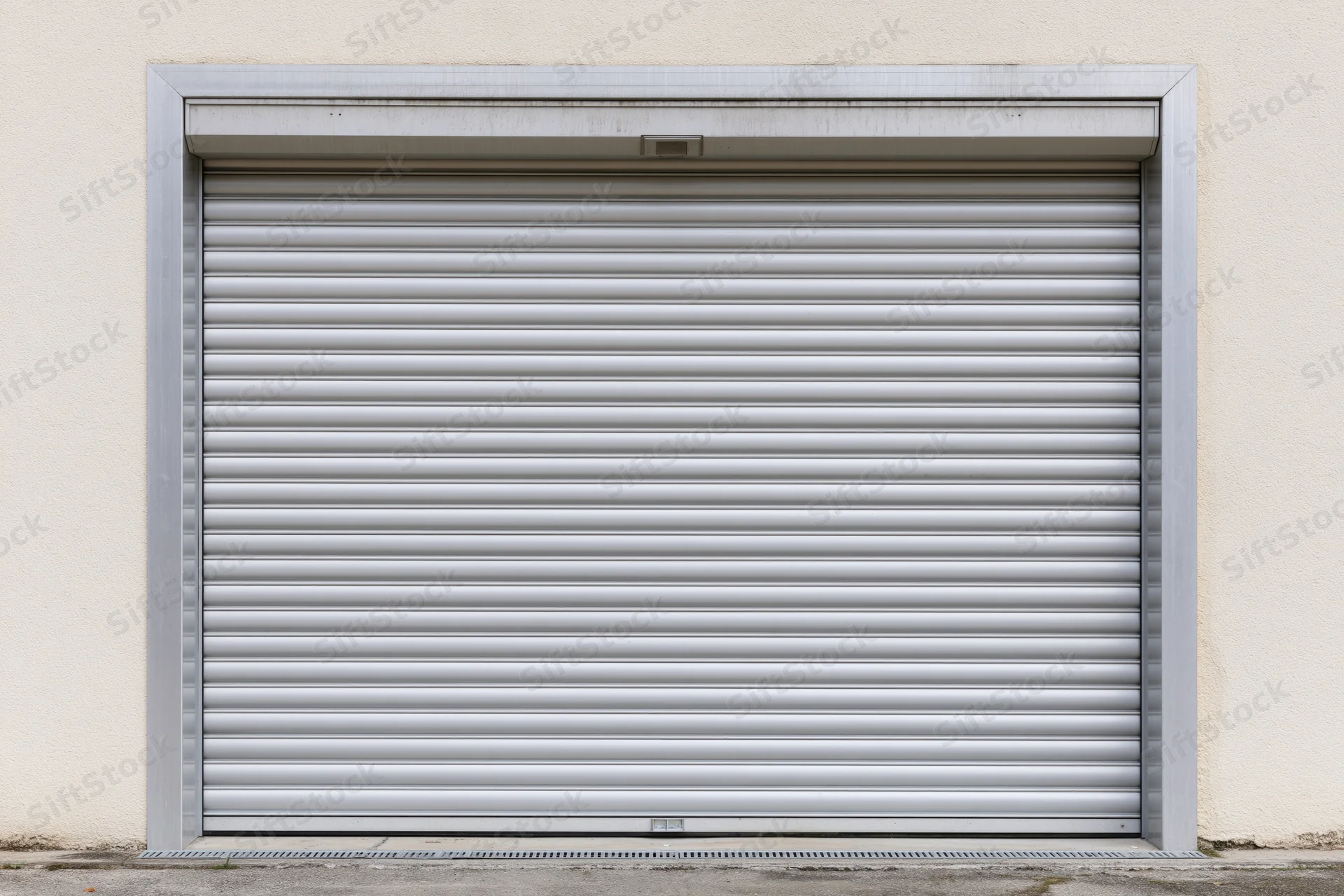 Closed metal roller shutter door on a plain beige building exterior