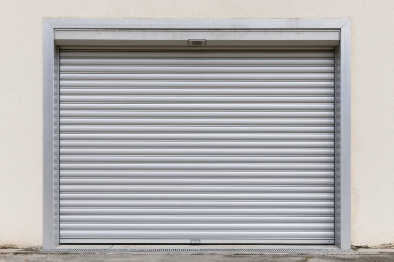 Closed metal roller shutter door on a plain beige building exterior