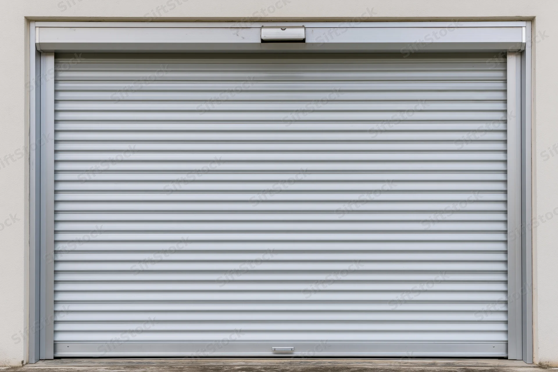 Closed metal roller shutter door on a commercial building exterior