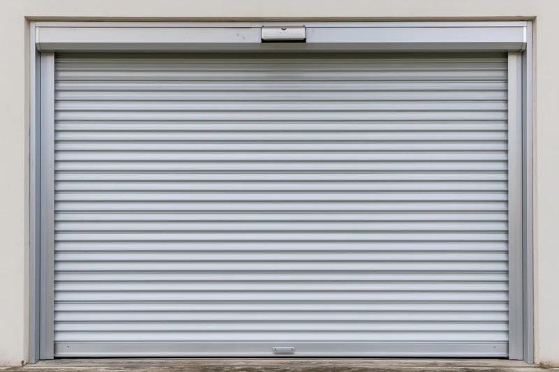 Closed metal roller shutter door on a commercial building exterior