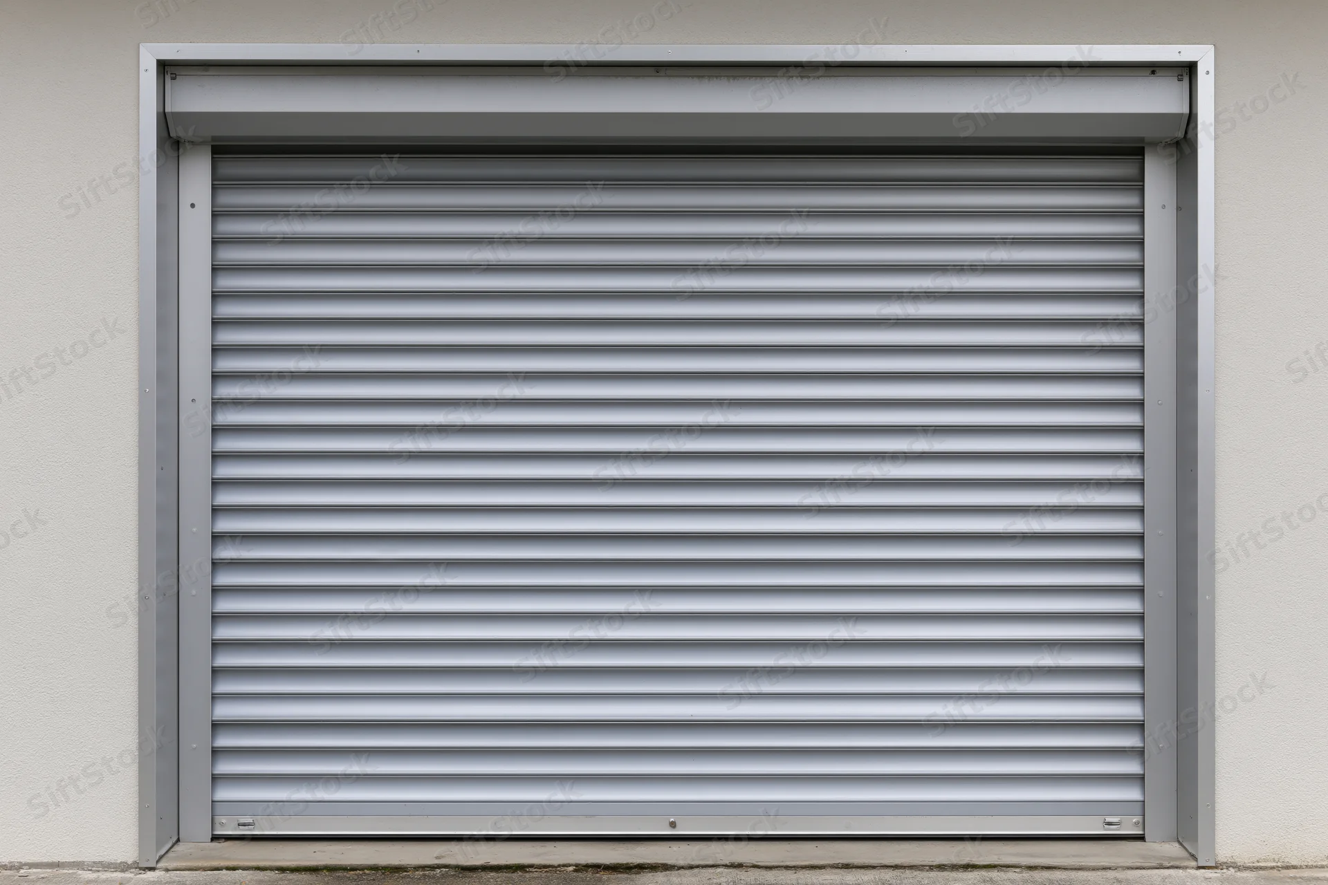 Closed commercial roller shutter door on a plain building facade