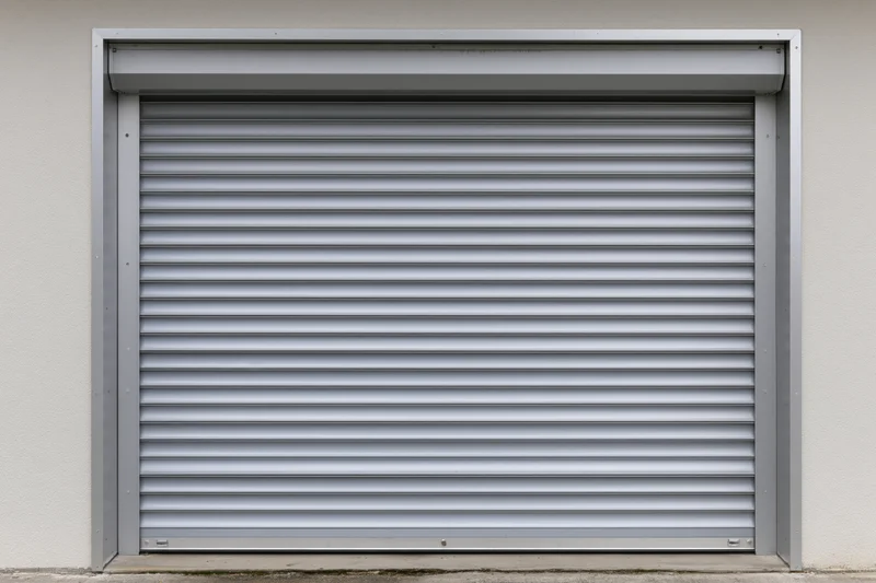 Closed commercial roller shutter door on a plain building facade