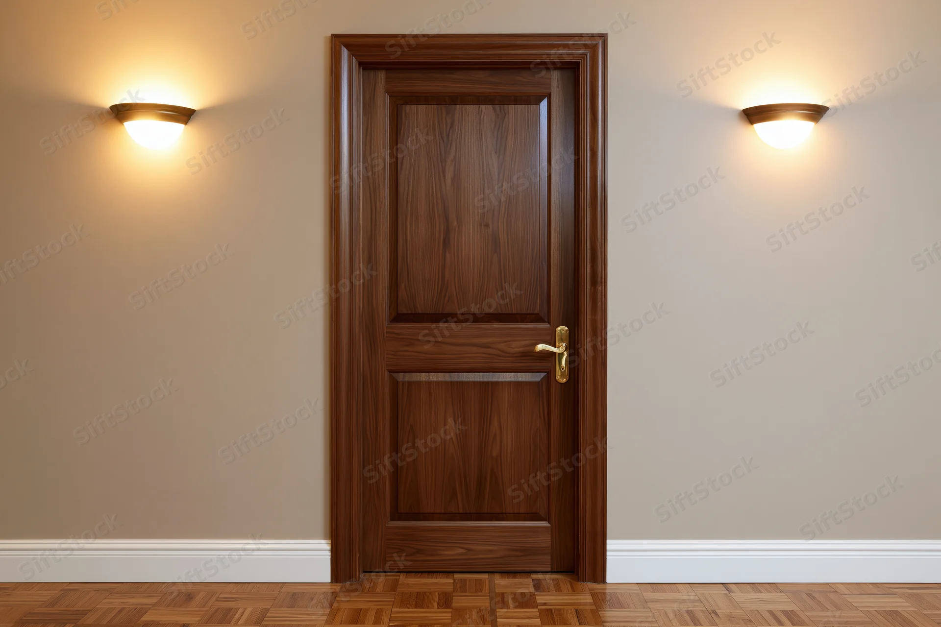 Closed dark walnut wood interior door with raised panels and brass handle flanked by wall sconces in a hallway
