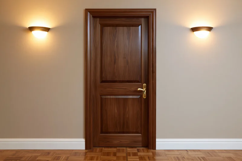 Closed dark walnut wood interior door with raised panels and brass handle flanked by wall sconces in a hallway