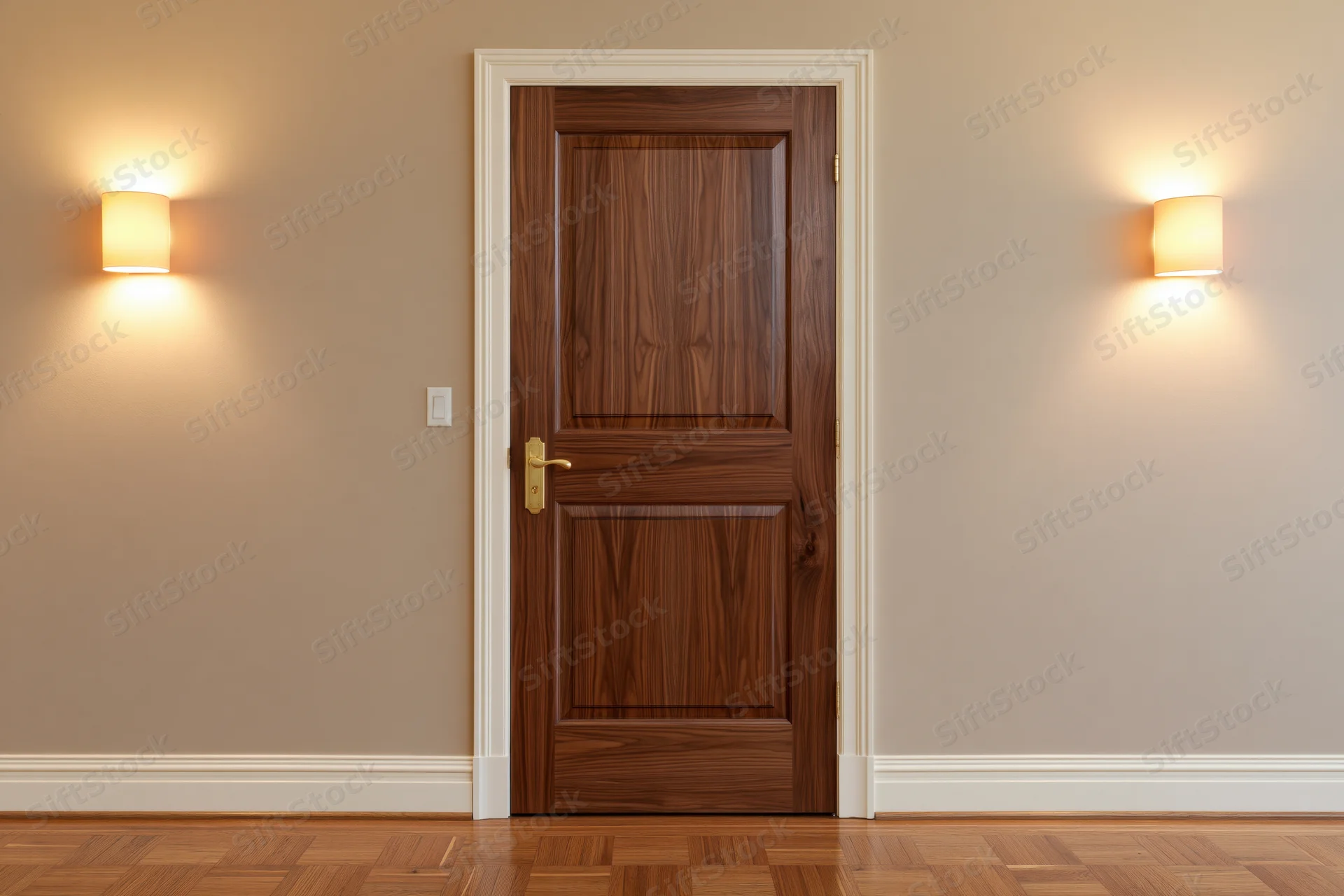Closed dark walnut wood interior door with raised panels flanked by wall sconces in a hallway