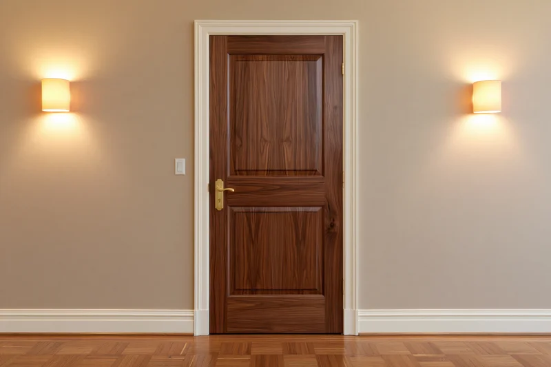 Closed dark walnut wood interior door with raised panels flanked by wall sconces in a hallway