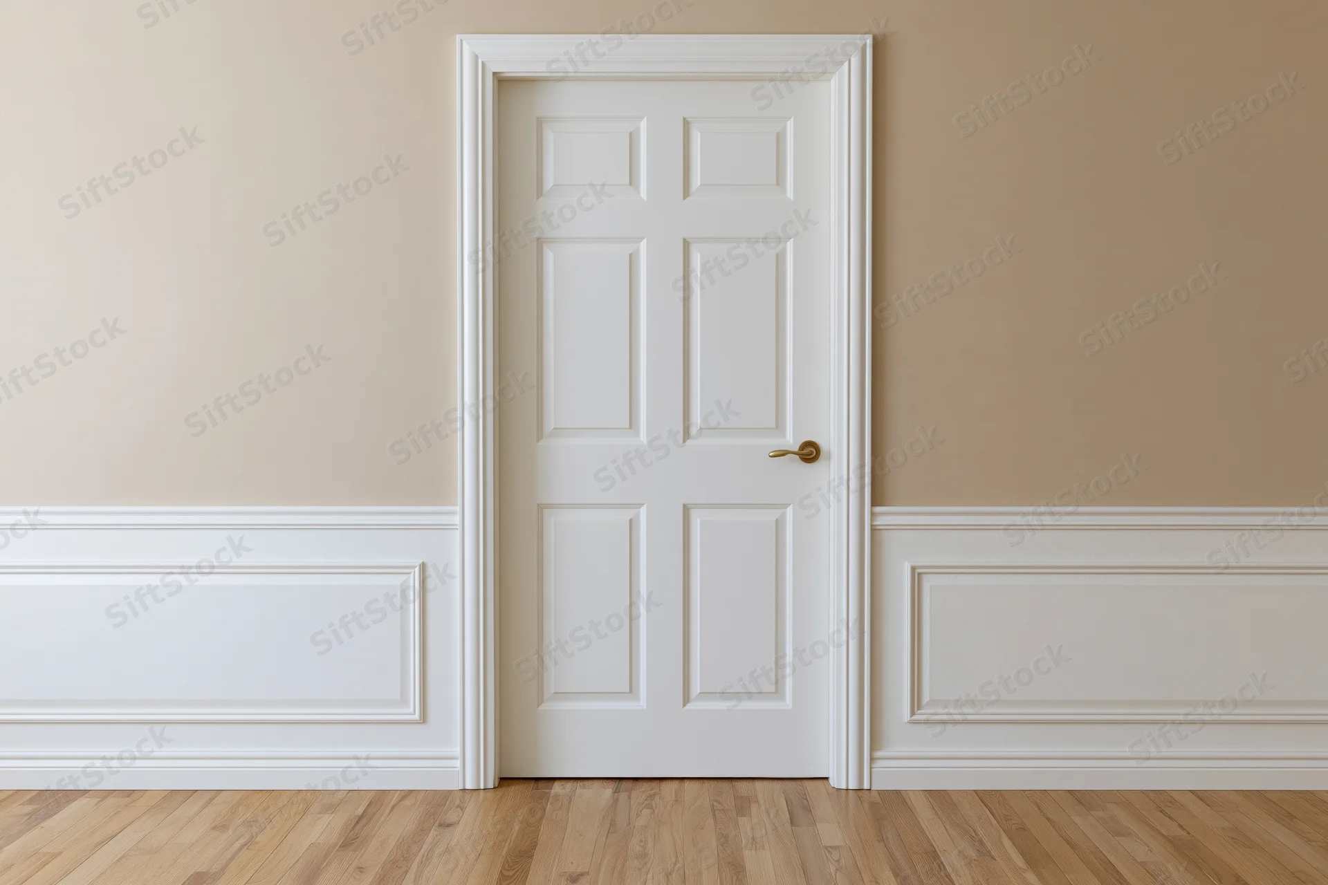 Closed white paneled interior door with brass lever handle in a beige wainscoted room with hardwood flooring