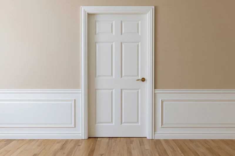 Closed white paneled interior door with brass lever handle in a beige wainscoted room with hardwood flooring