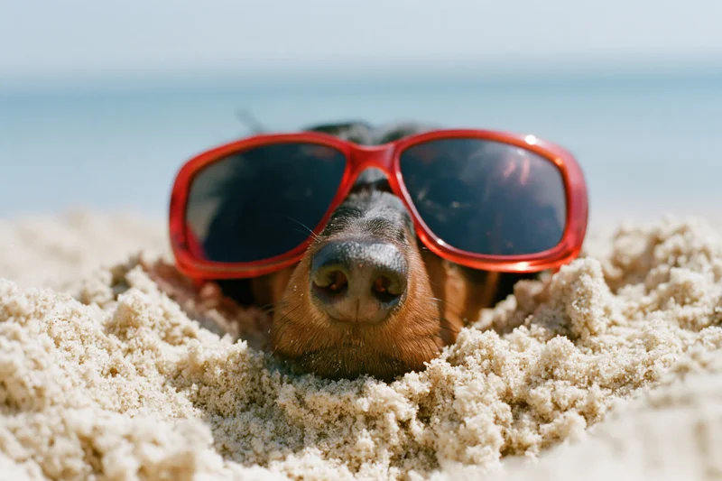 Dachshund buried in sand on beach wearing red sunglasses
