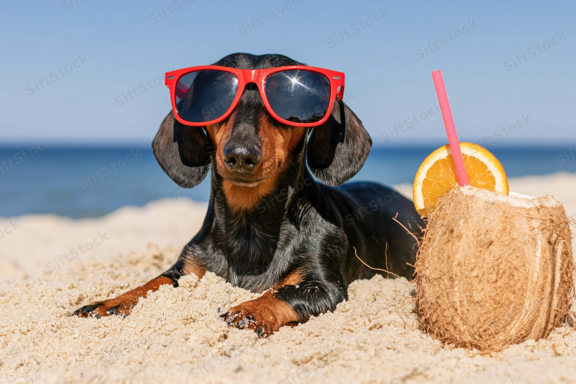 Dachshund wearing red sunglasses lying on sandy beach beside coconut drink