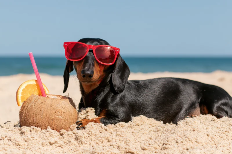 Dachshund wearing red sunglasses lying on sandy beach beside coconut drink with orange slice