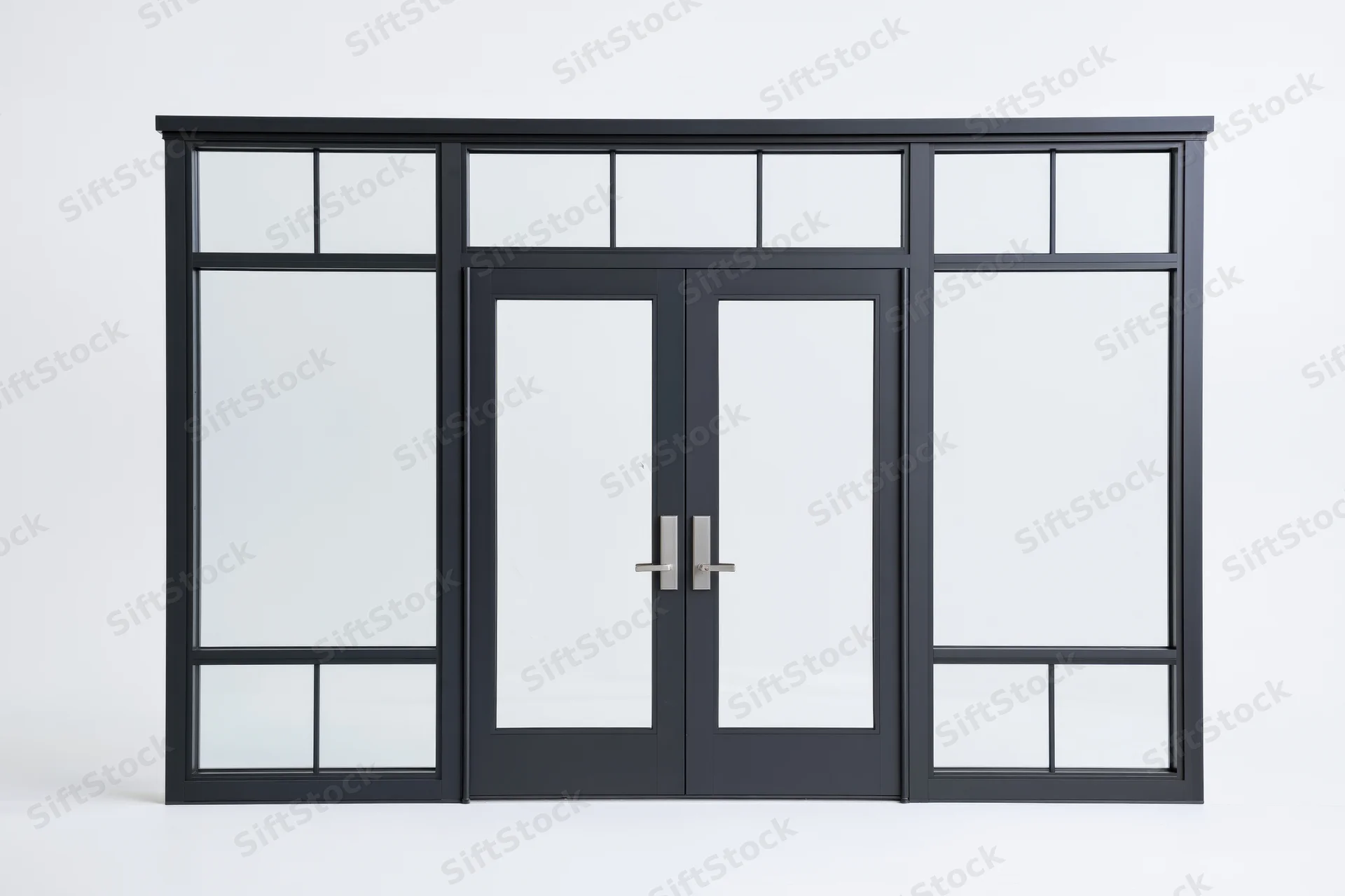 Dark charcoal aluminum storefront door system with double glass doors and sidelights on white background