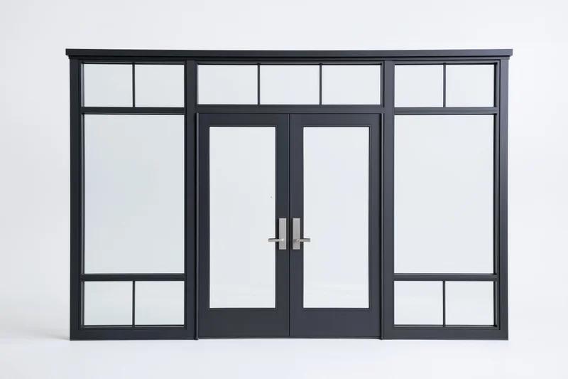 Dark charcoal aluminum storefront door system with double glass doors and sidelights on white background