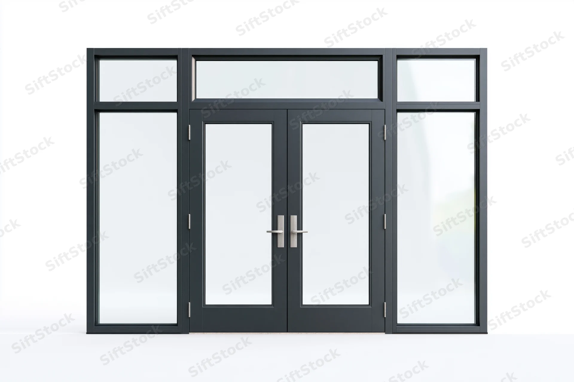 Dark charcoal aluminum storefront door system with double glass doors and transom windows on white background