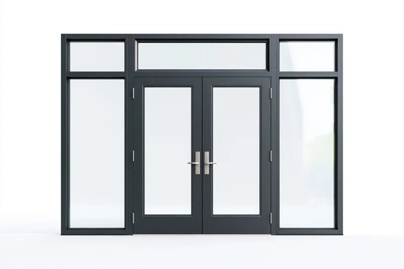 Dark charcoal aluminum storefront door system with double glass doors and transom windows on white background
