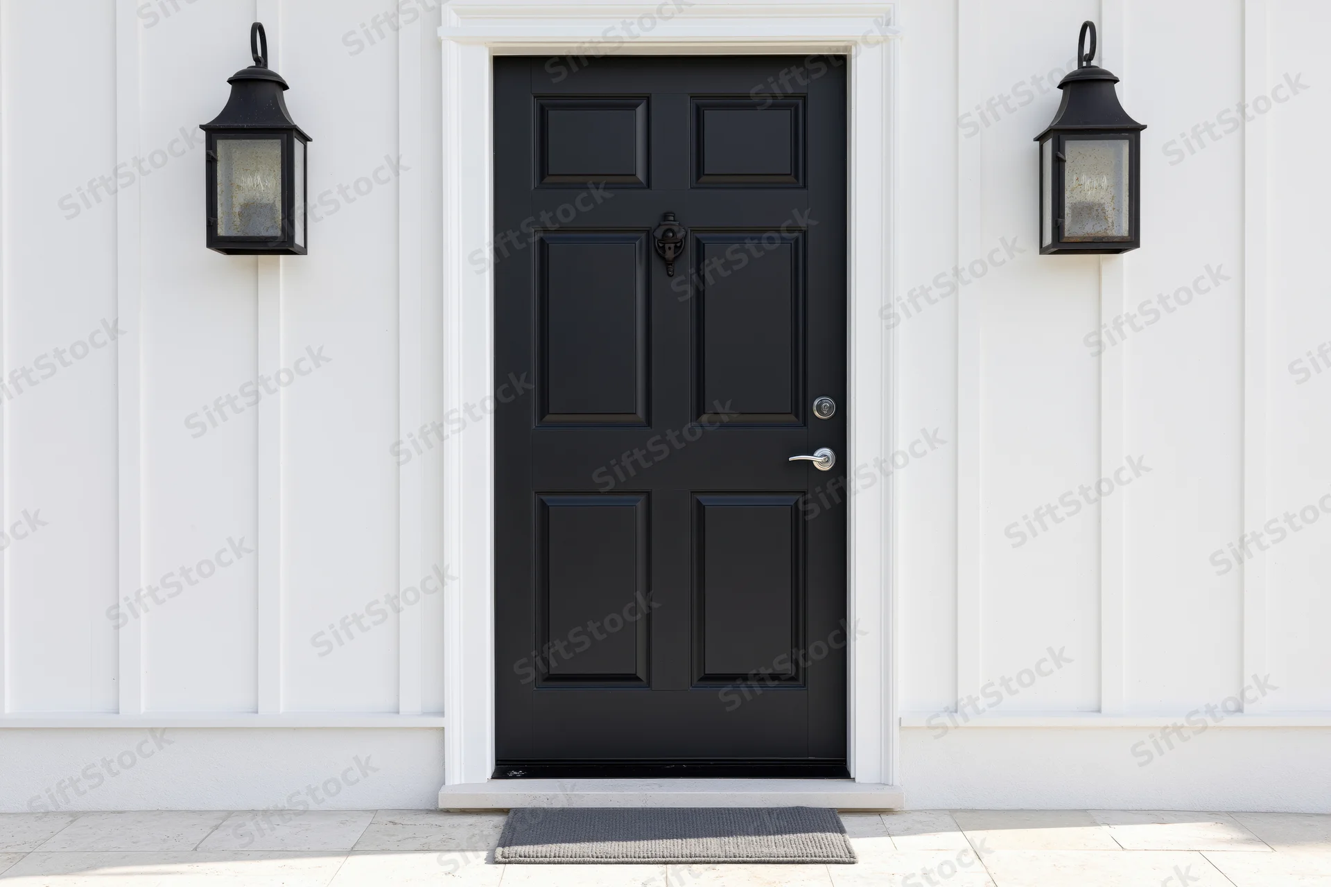 Black front door with raised panels centered on white house exterior flanked by lantern lights