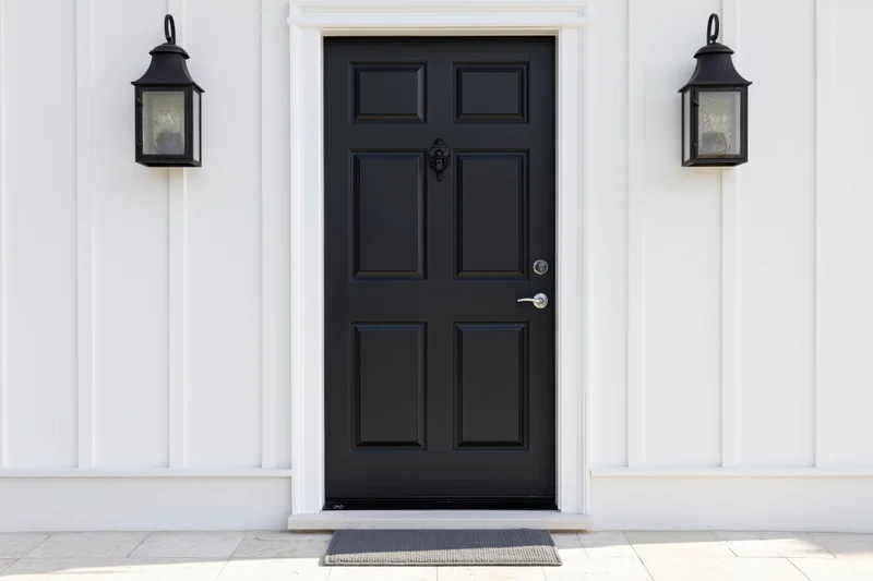 Black front door with raised panels centered on white house exterior flanked by lantern lights