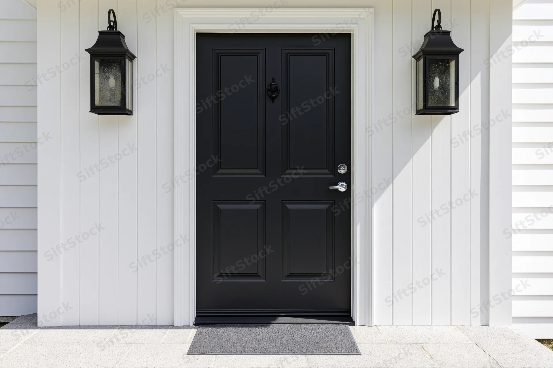 Black four-panel front door centered on white house exterior with lantern lights and doormat