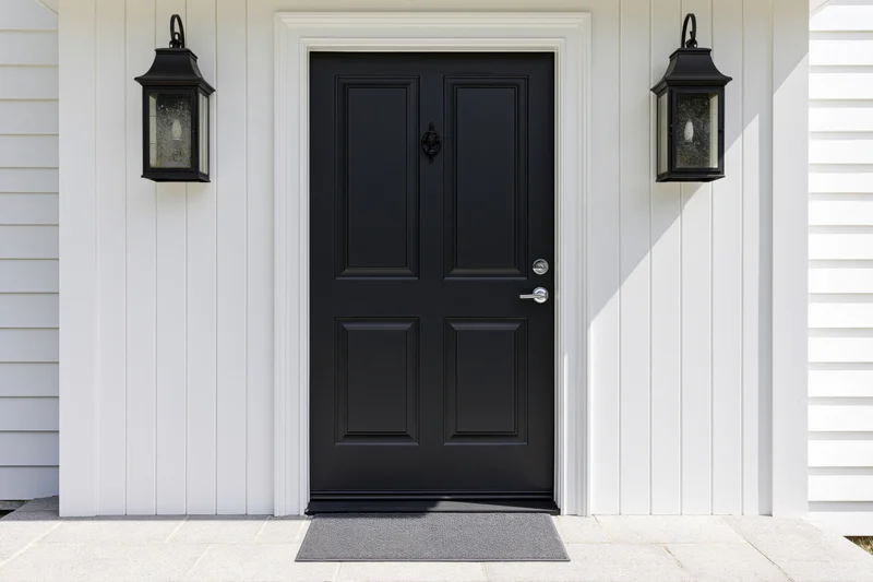 Black four-panel front door centered on white house exterior with lantern lights and doormat