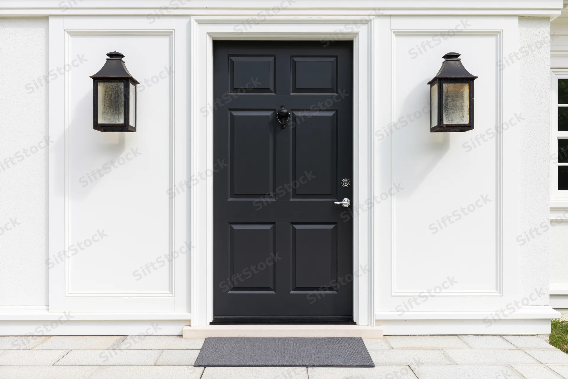 Dark charcoal front door with four raised panels centered between white siding and black lantern lights on a house exterior