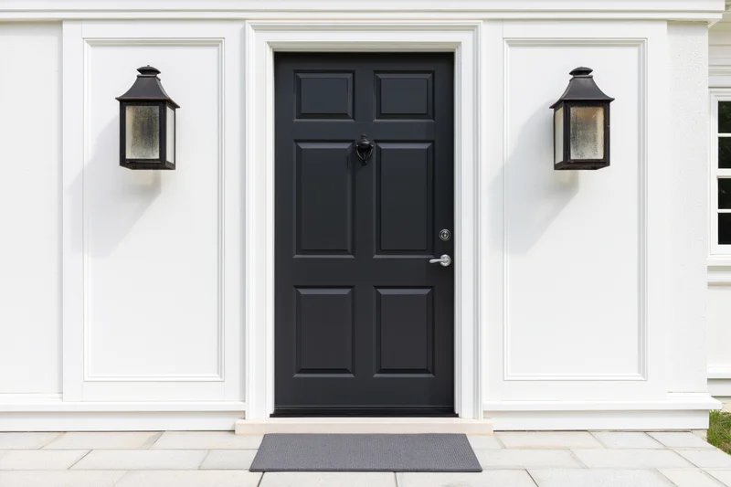 Dark charcoal front door with four raised panels centered between white siding and black lantern lights on a house exterior