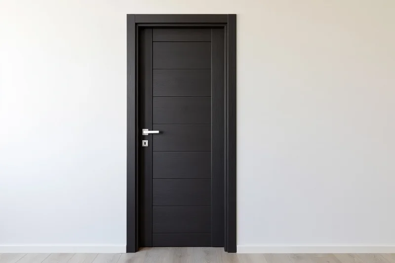 Dark charcoal wooden interior door with horizontal panels and white handle set in a minimalist white hallway