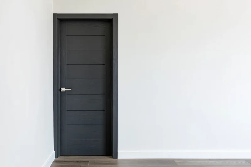 Dark charcoal grey wooden interior door with horizontal panels and metal handle in a white-walled room