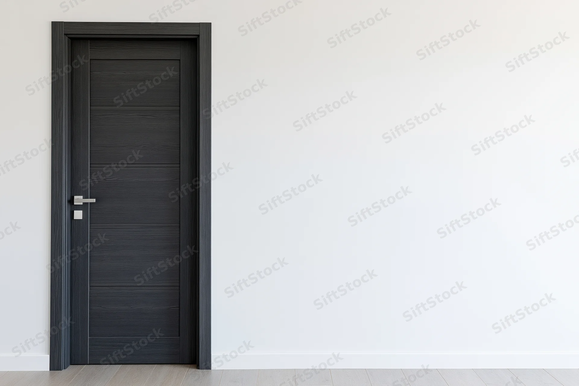 Dark charcoal grey wooden interior door with horizontal panels and metal handle on white wall in minimalist room