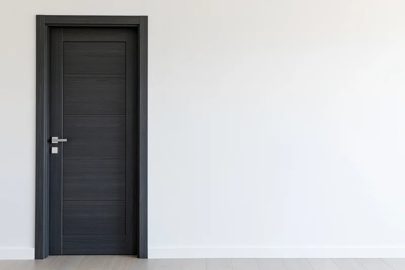 Dark charcoal grey wooden interior door with horizontal panels and metal handle on white wall in minimalist room
