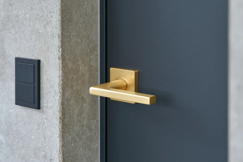 Dark charcoal interior door with brushed gold lever handle beside a black switch panel on concrete wall