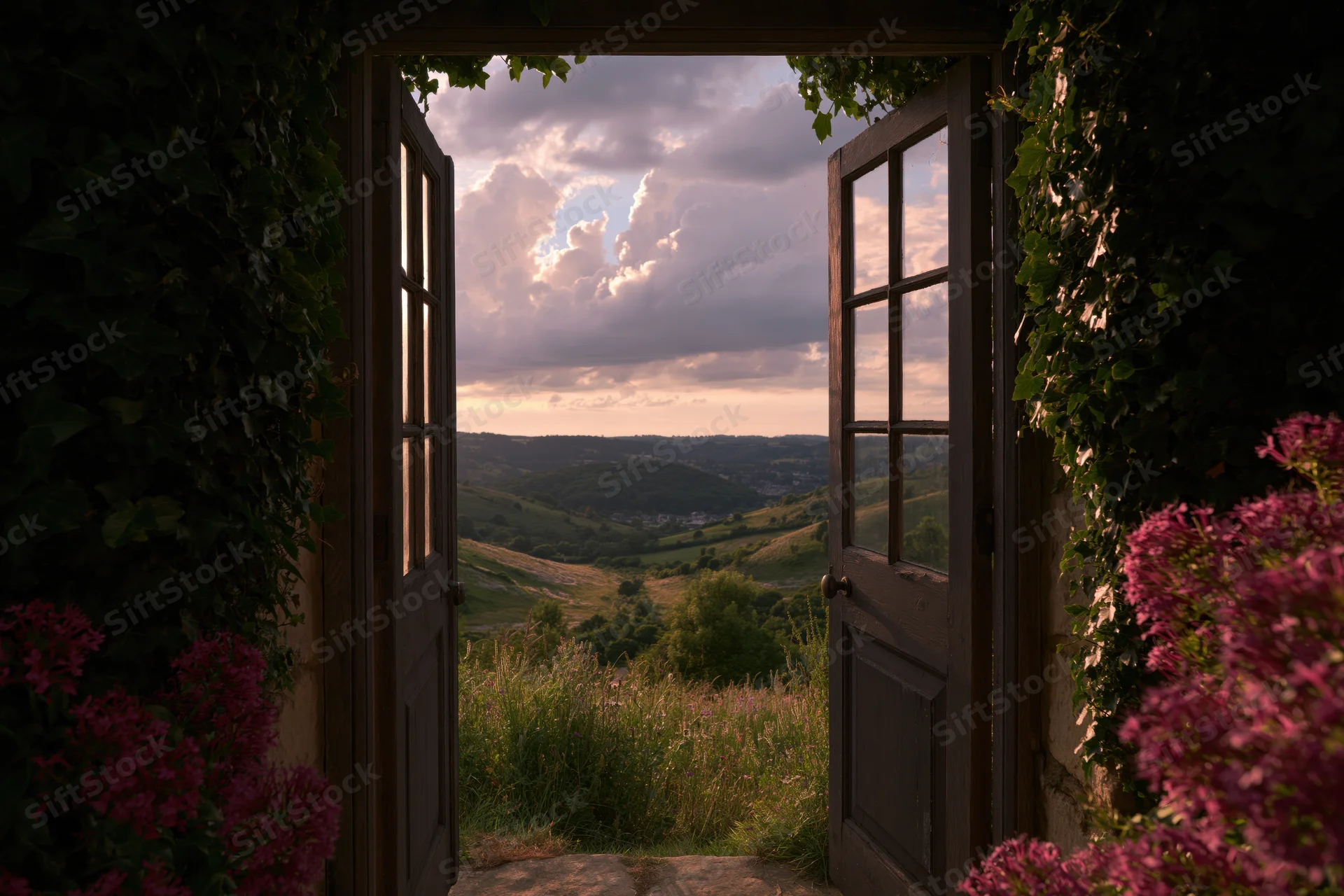 Open wooden door framing a sweeping countryside landscape at sunset